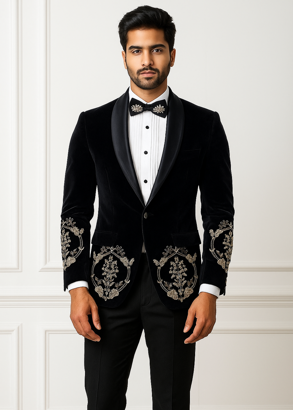 Velvet Black Embroidered Tuxedo Blazer Suit