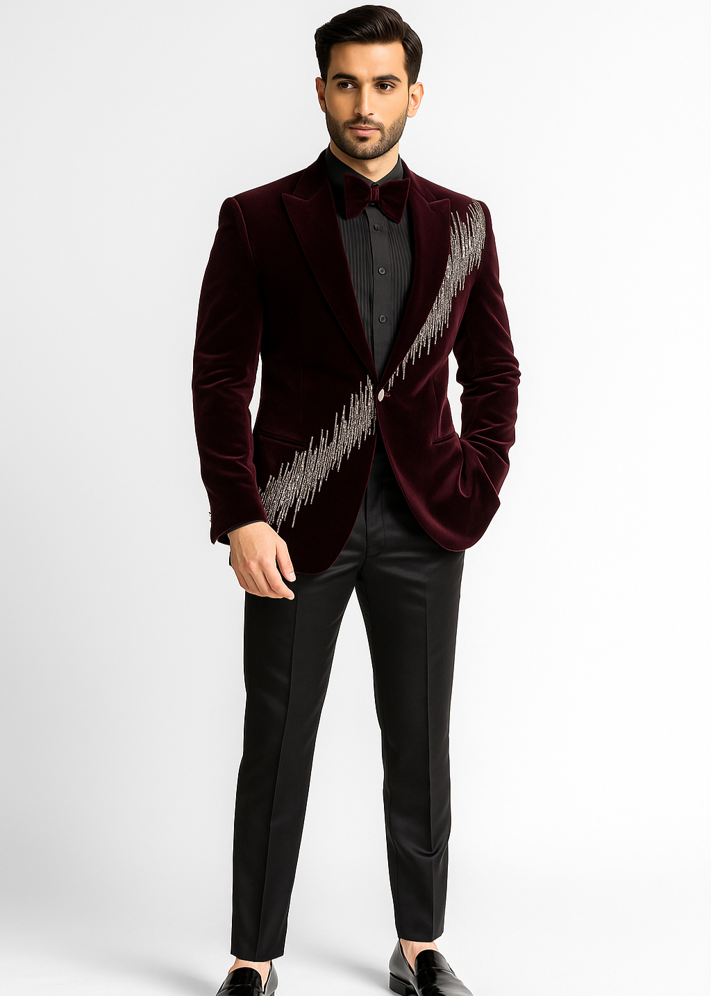 Velvet Burgundy Cutdana Embroidered Suit