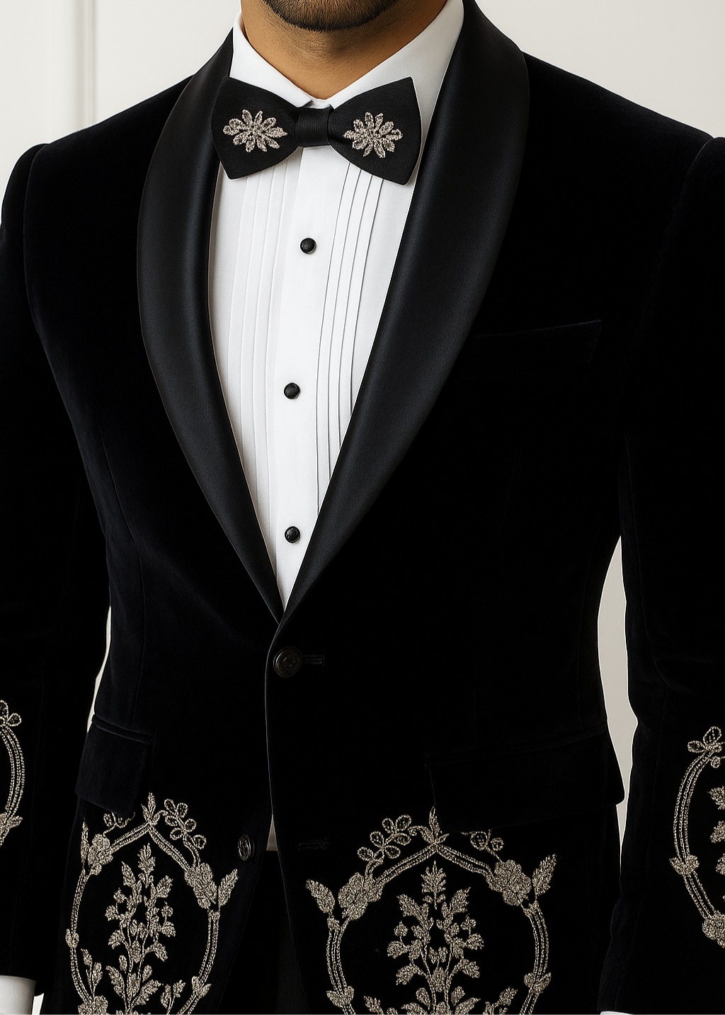Velvet Black Embroidered Tuxedo Blazer Suit