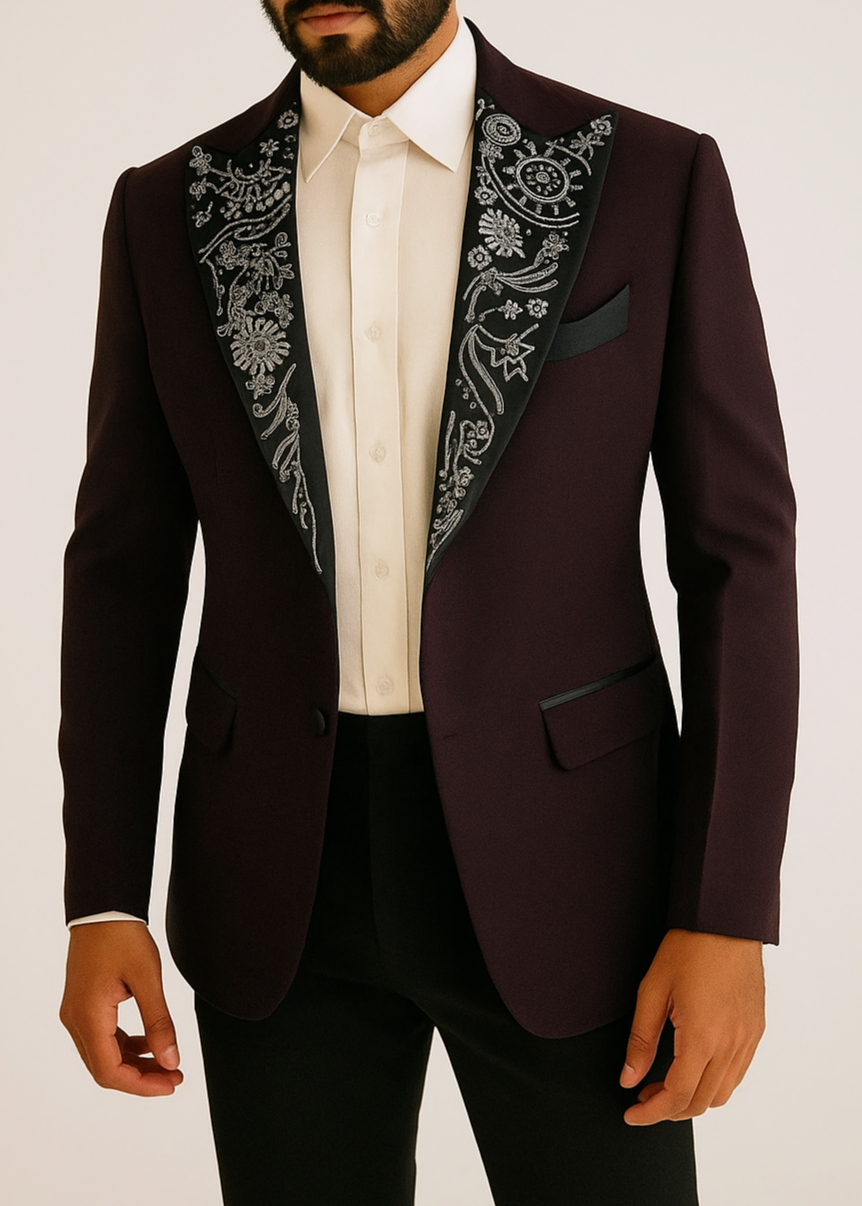 Wedding Burgundy Embroidered Tuxedo