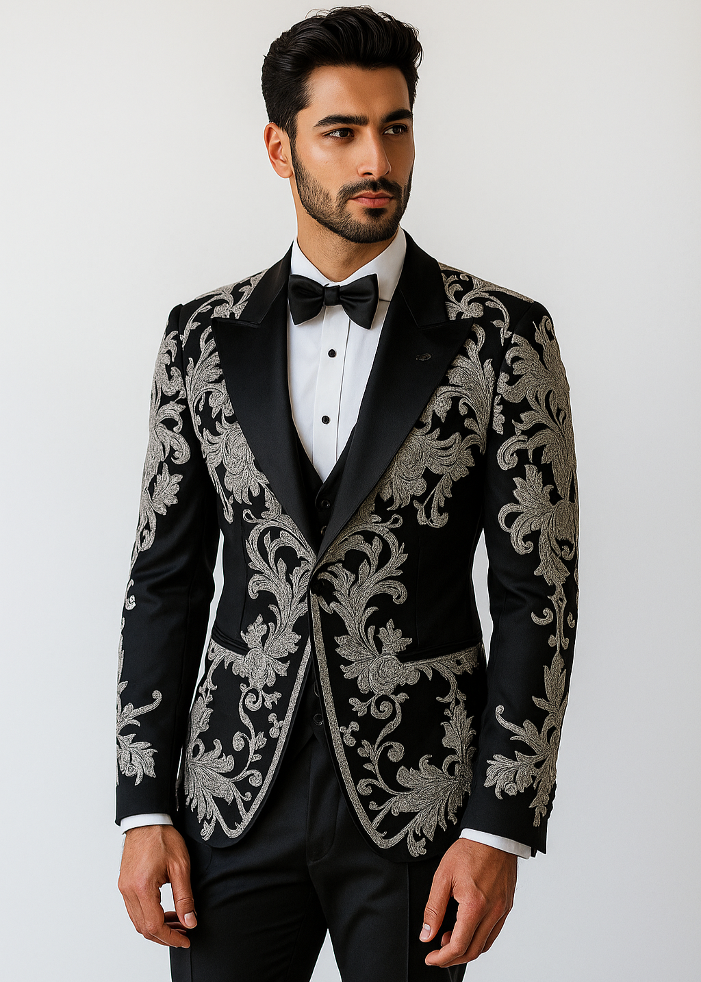 Wedding Embroidered Silver Zardozi Tuxedo in Black