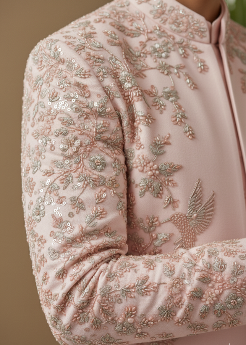 Wedding Pink Indo Western Achkan Sherwani with Bird Embroidery