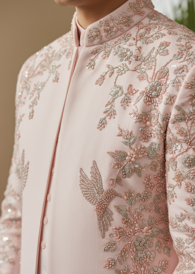 Close-up of a pink embroidered traditional outfit with floral and bird patterns.