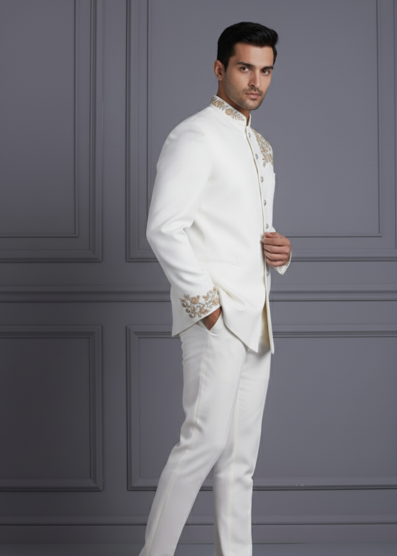 White Bandhgala with Gold Embroidery