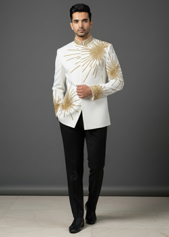 White Cutdana Embroidered Bandhgala