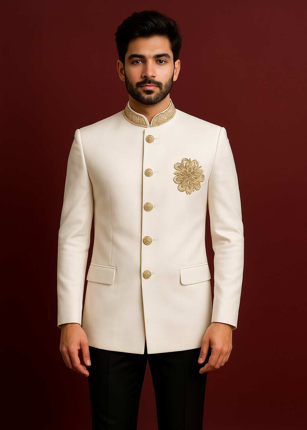 Slim Fit White Embroidered Jodhpuri Suit