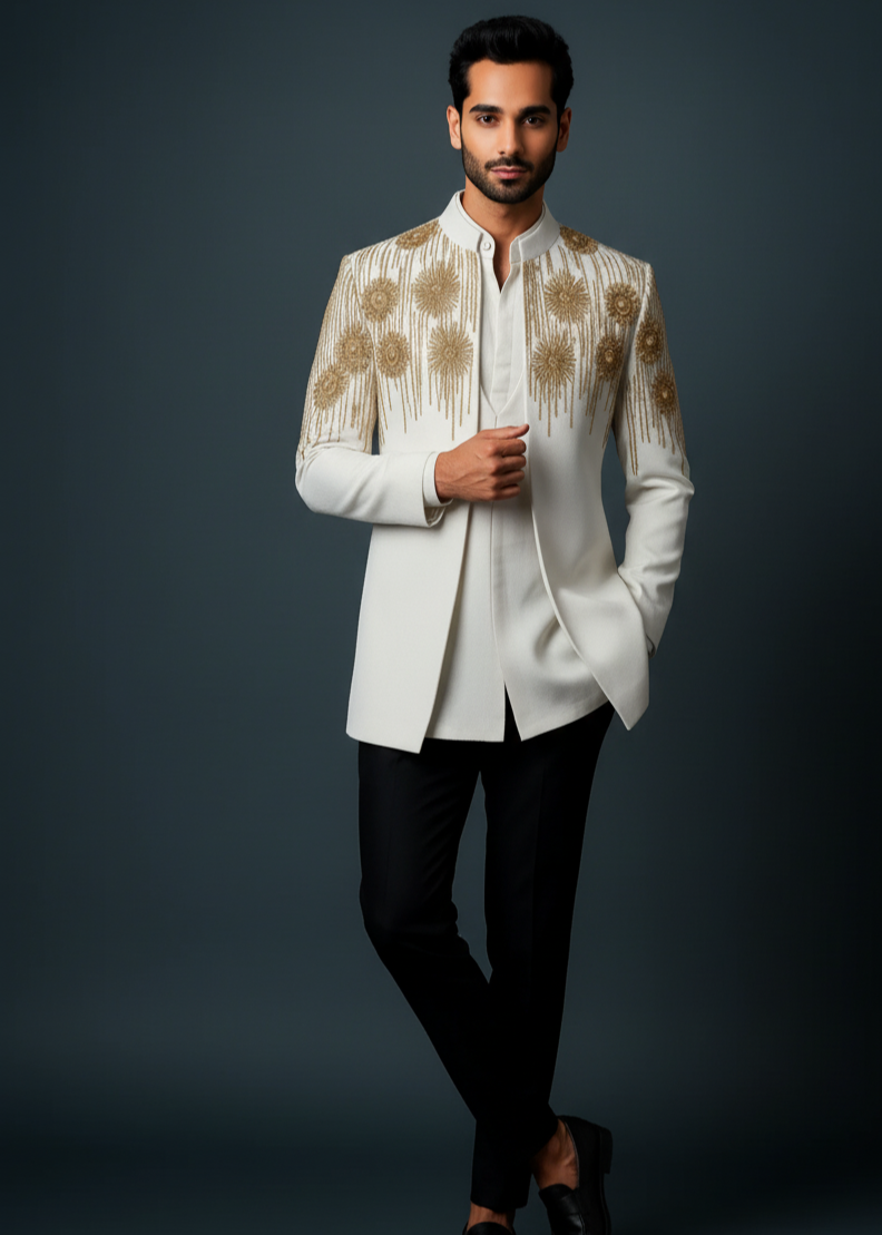 White Hand Embroidered Indo Western Suit