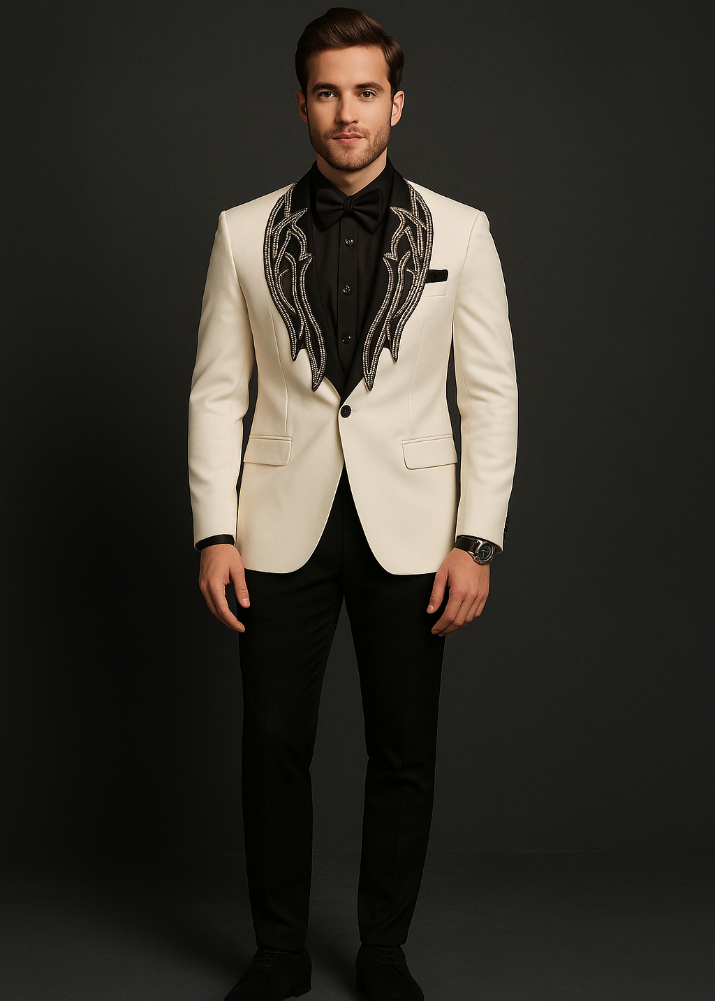 White Hand Embroidered Shawl Lapel Tuxedo