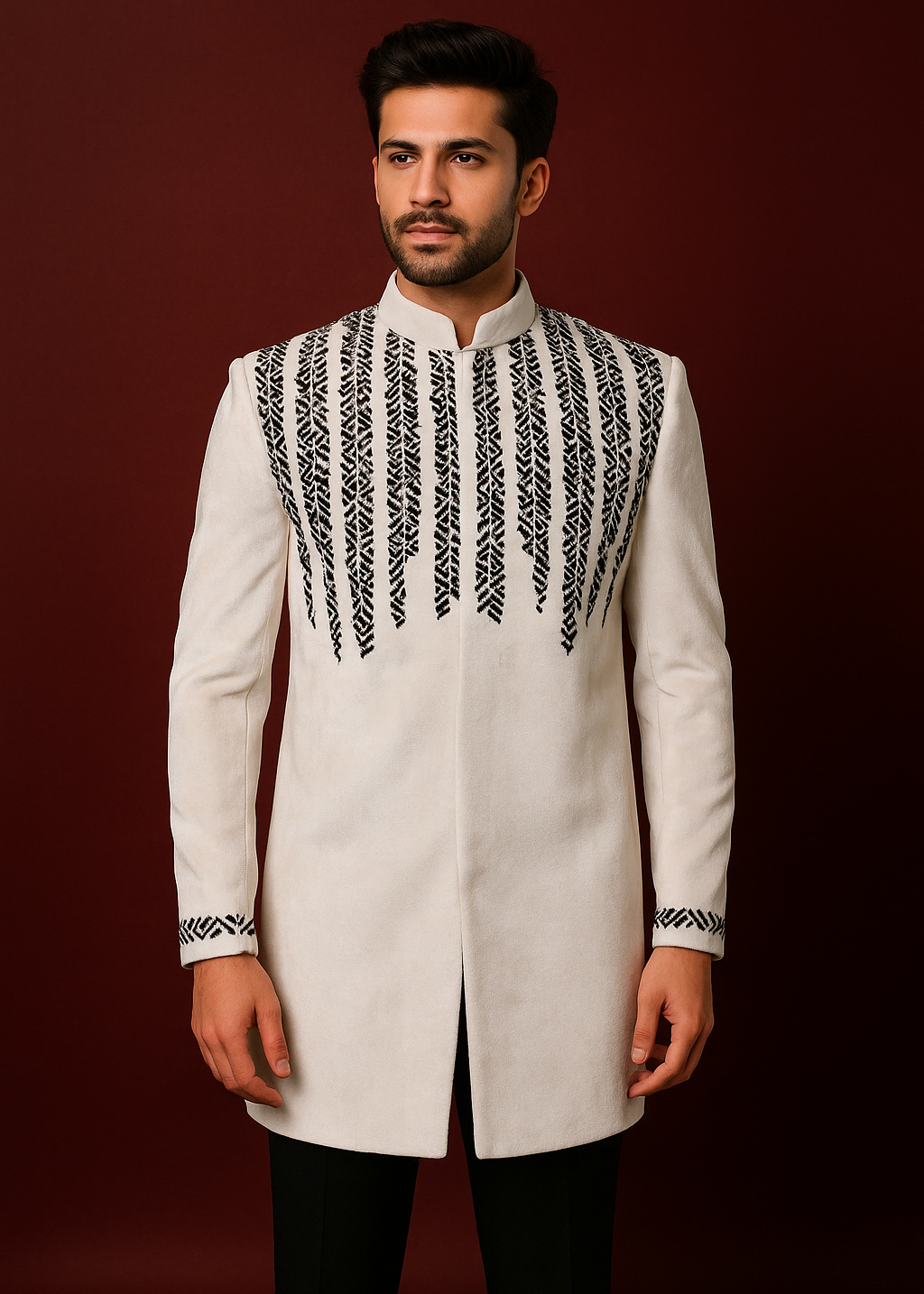 White Indo Western Suit with Black Embroidery