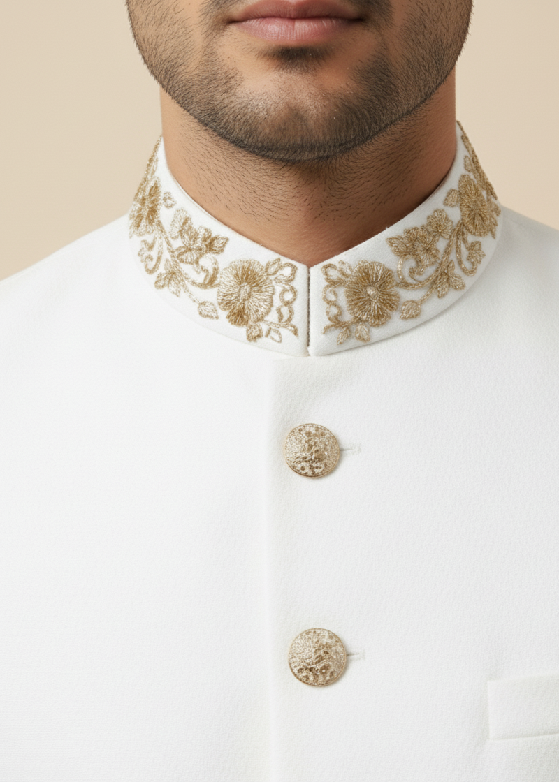 White Jodhpuri Suit with Cutdana Embroidery