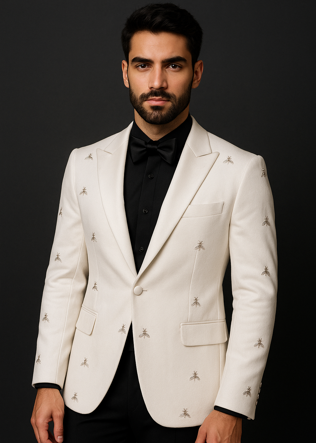 Man wearing a white embroidered blazer and black shirt against a dark background
