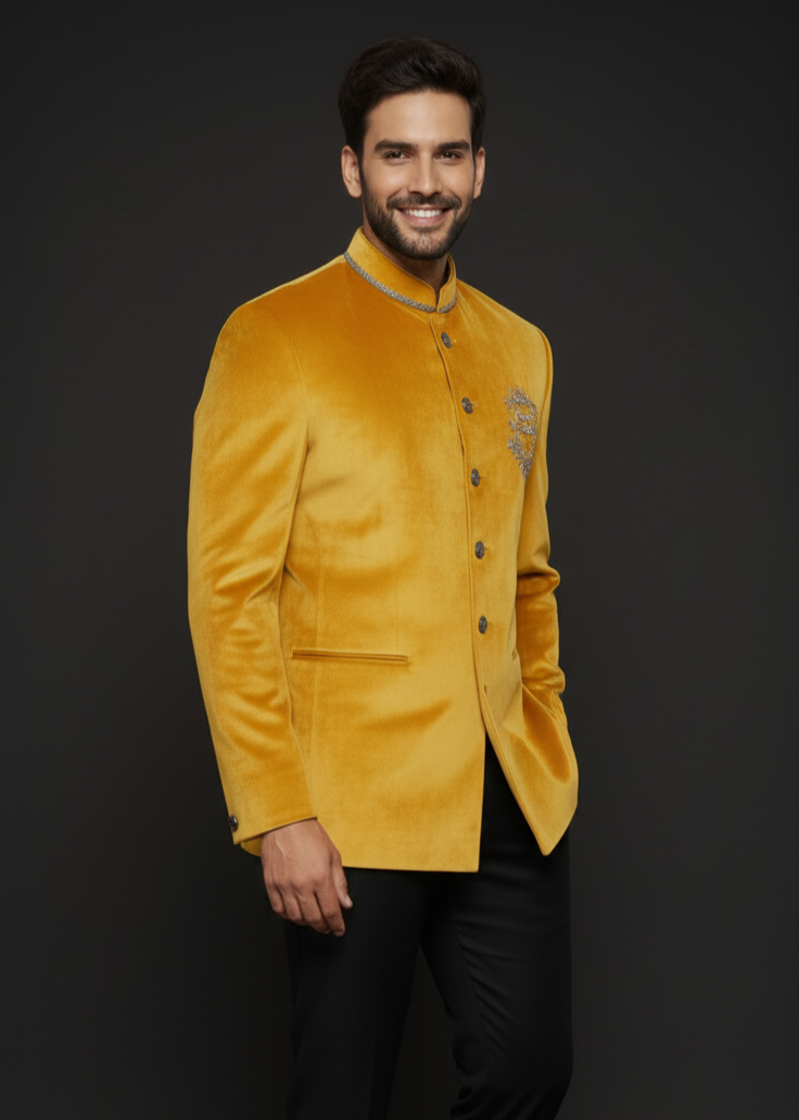 Yellow Velvet Jodhpuri Suit with Silver Embroidery