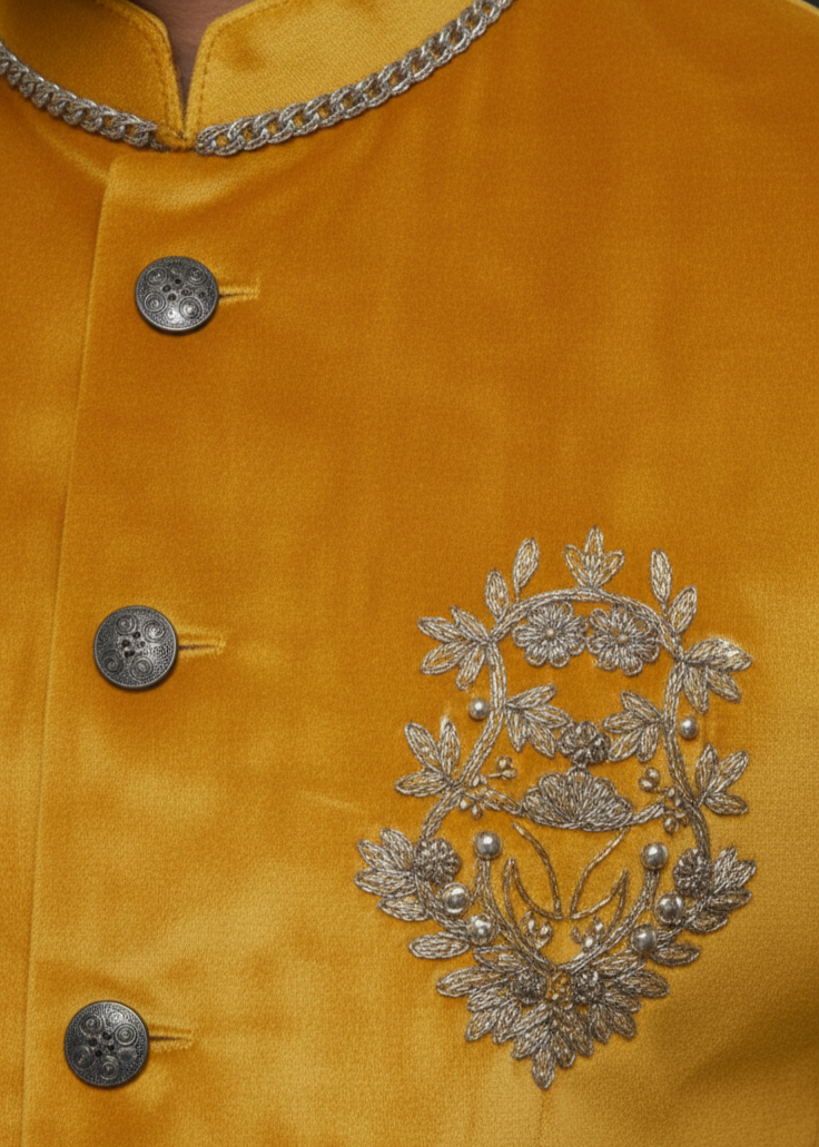 Yellow Velvet Jodhpuri Suit with Silver Embroidery