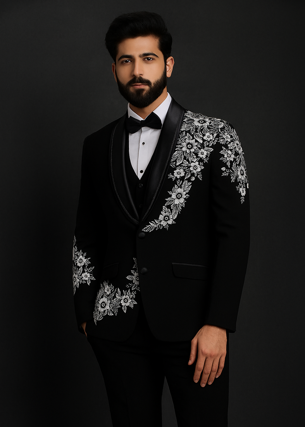 Black Tuxedo With White Floral Embroidery
