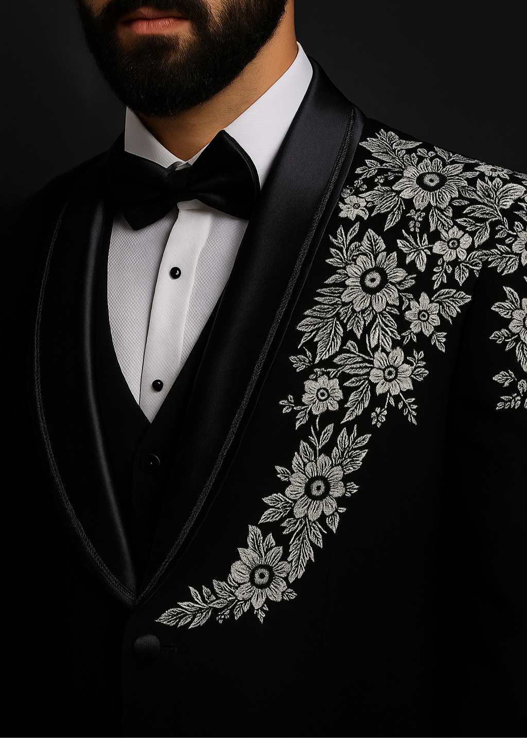 Black Tuxedo With White Floral Embroidery