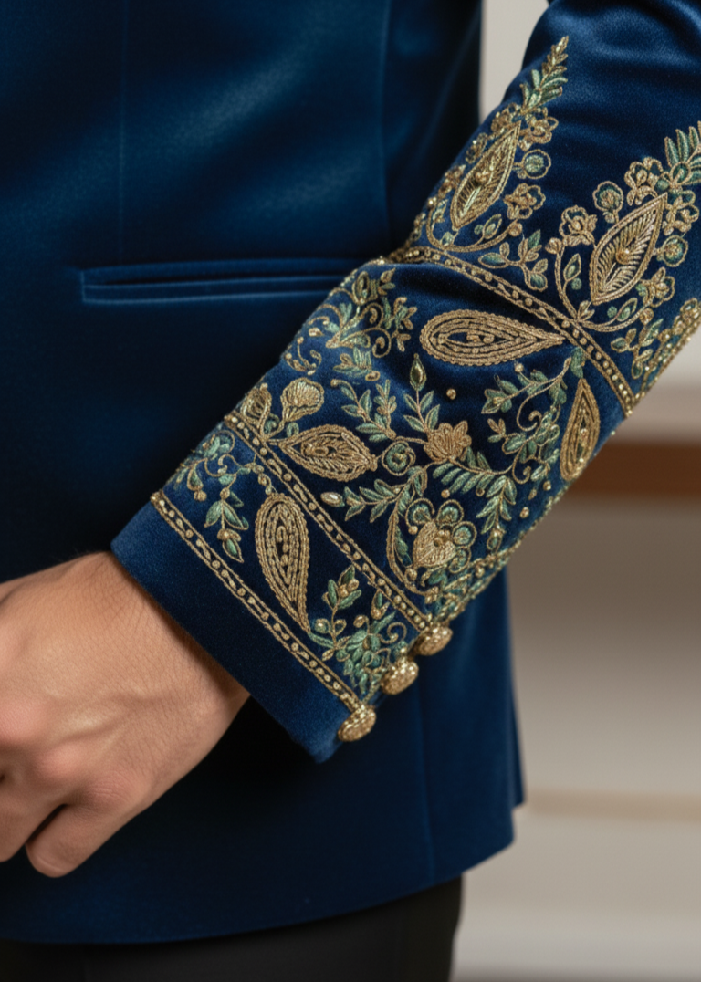 Hand Embroidered Teal Blue Velvet Bandhgala