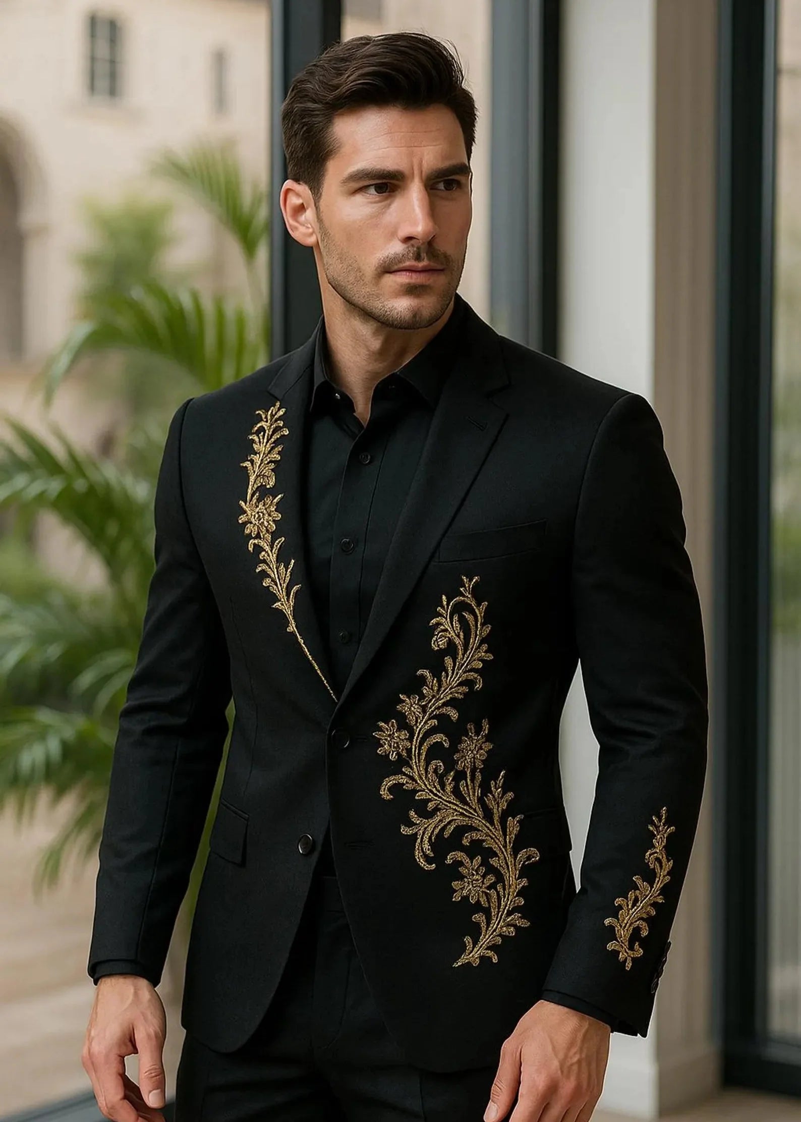 Black Gold Embroidered Blazer Suit