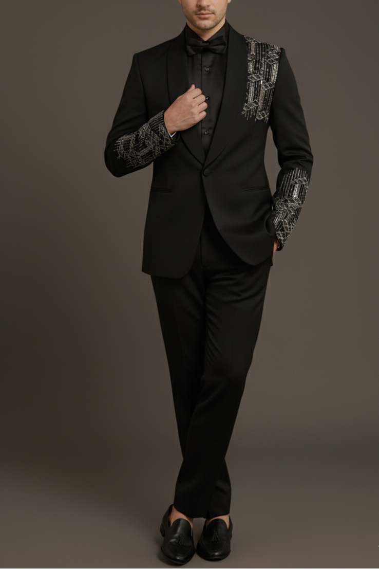 Slim Black Wedding Suit with Geometrical Cutdana Embroidery