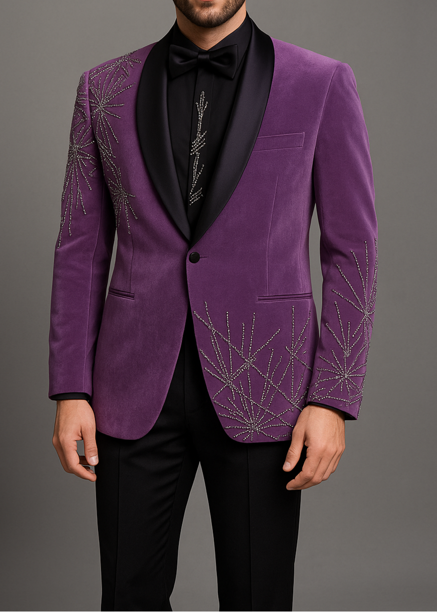 Purple tuxedo jacket with black lapels and a black bow tie on a gray background