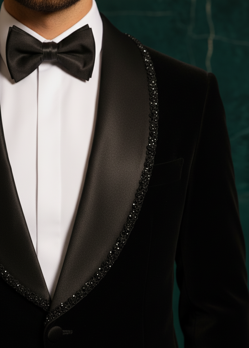 Royal Black Velvet Shawl Lapel Cutdana Embroidered Tuxedo