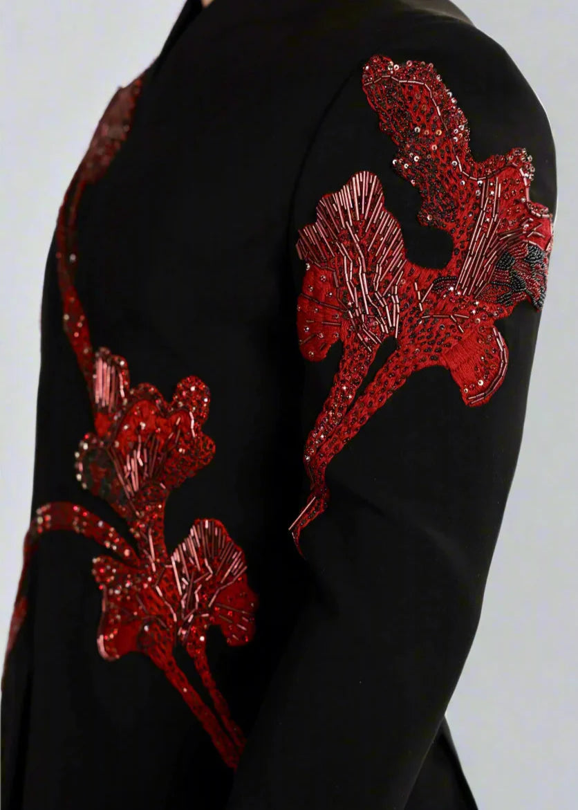 Black and Red Embroidered Bandhgala