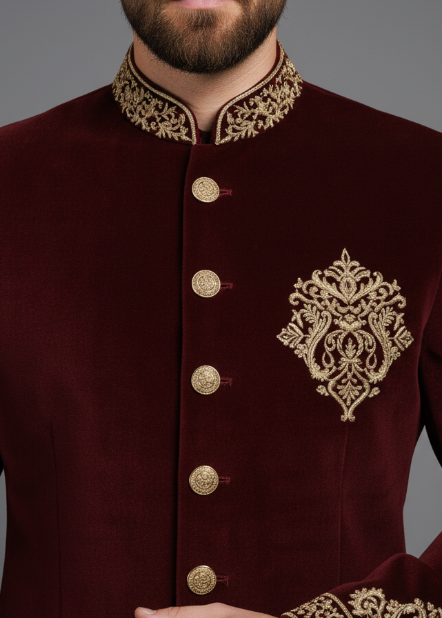 Burgundy Velvet Embroidered Jodhpuri Suit