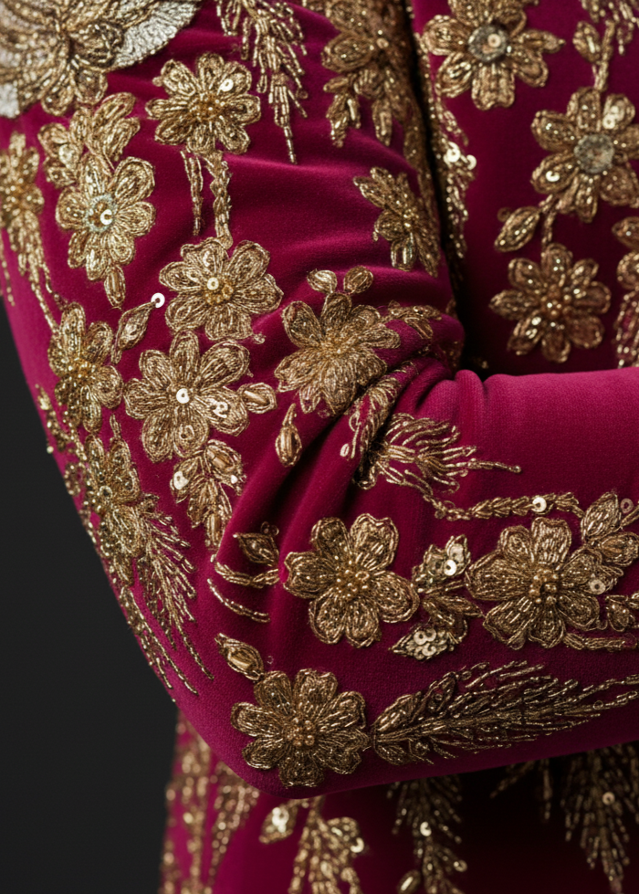 Hand Embroidered Magenta Pink Luxury Bandhgala Suit in Velvet