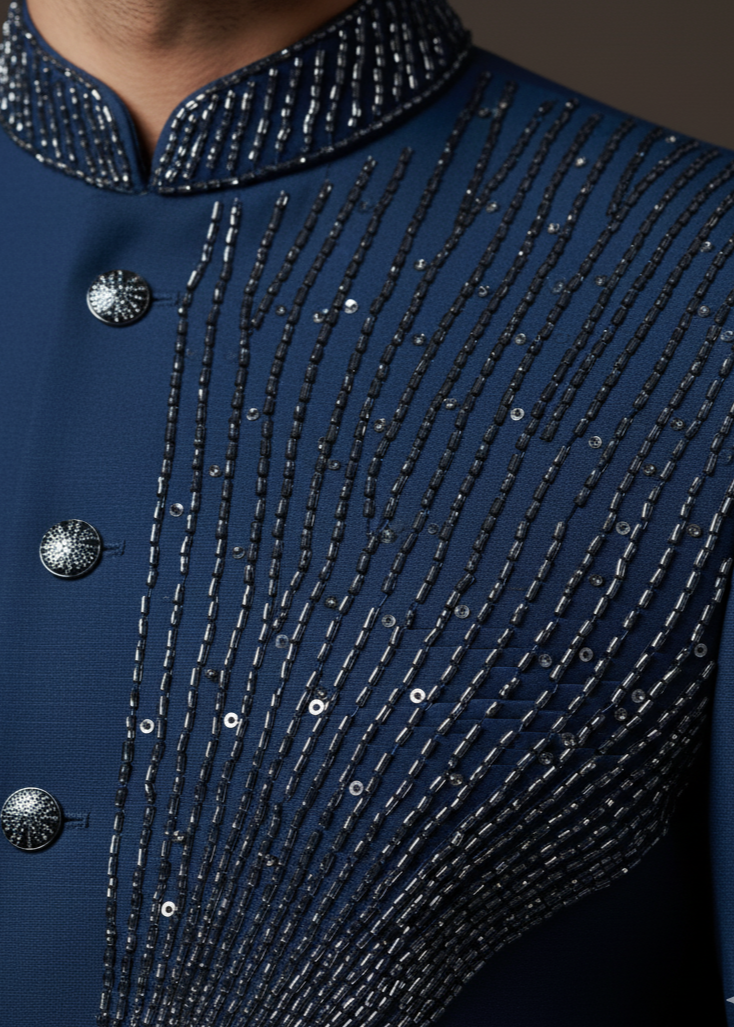 Teal Blue Cutdana Embroidered Bandhgala