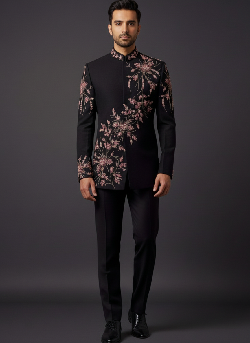 Slim Fit Black Bandhgala with Pink Embroidery