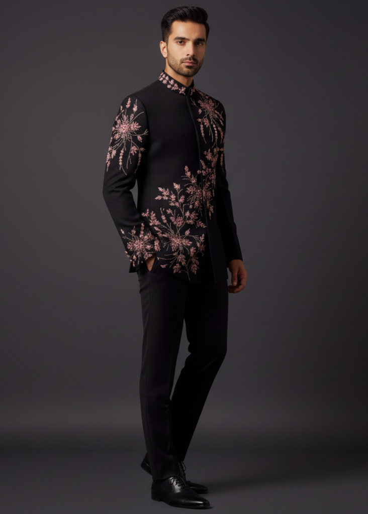 Slim Fit Black Bandhgala with Pink Embroidery
