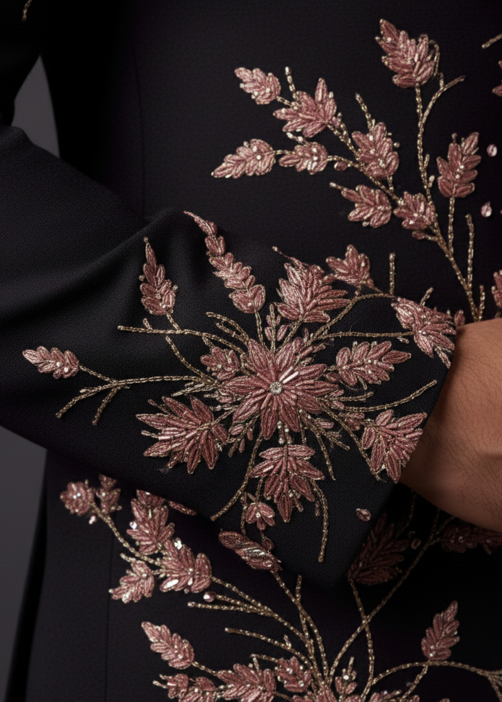 Slim Fit Black Bandhgala with Pink Embroidery