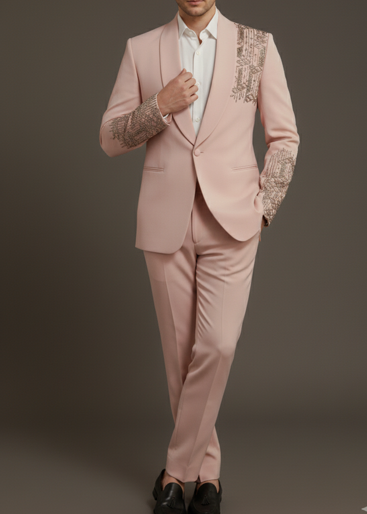 Dusty Pink Embroidered Shawl Lapel Suit