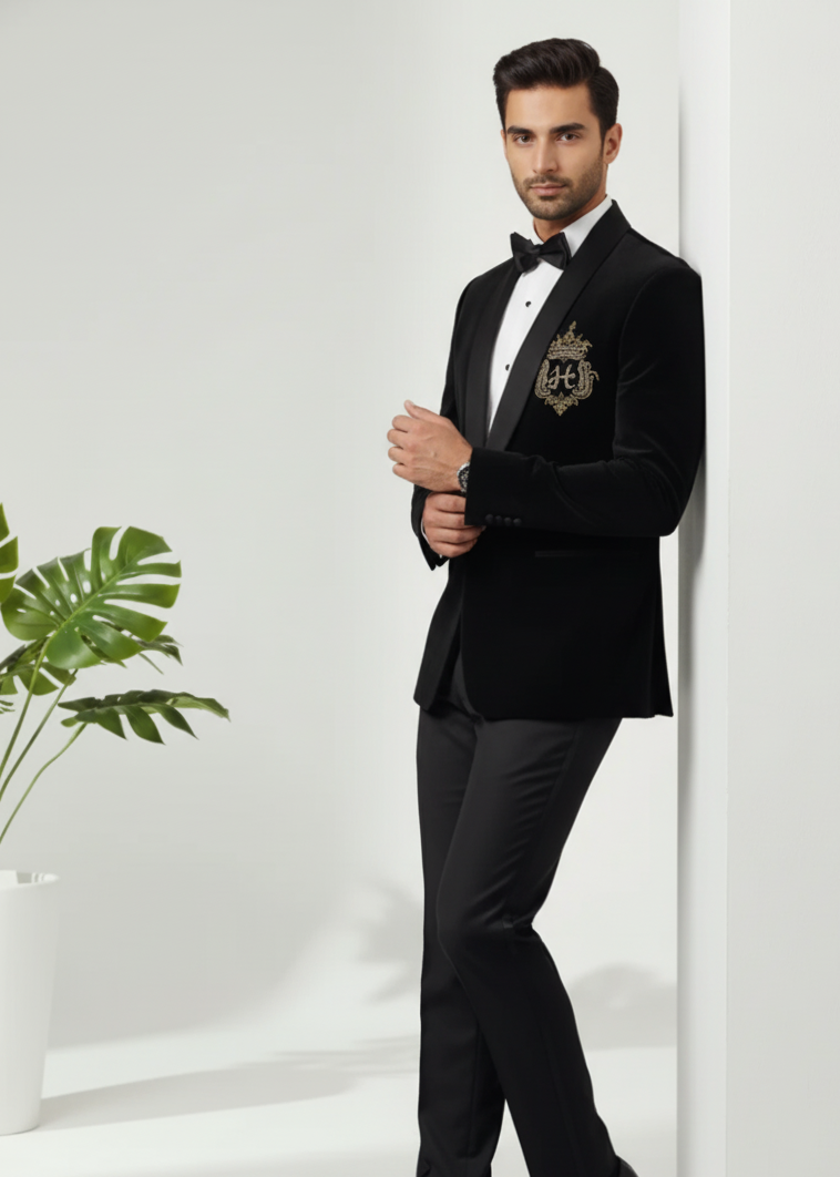 Black Shawl Lapel Tuxedo with Letter Embroidery