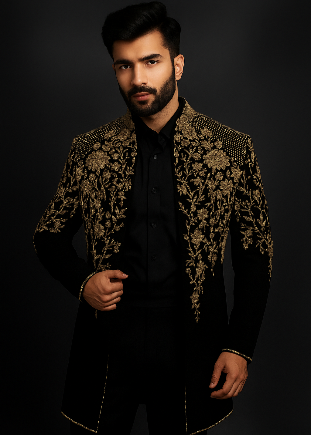 Black And Gold Zardozi Hand Embroidered Jacket
