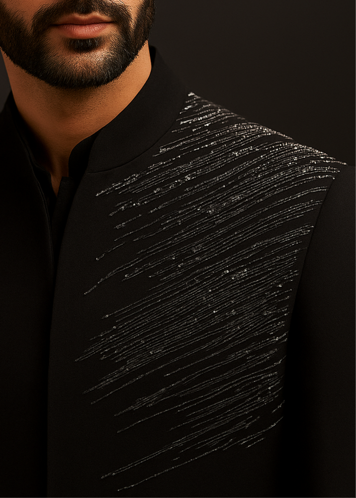 Black Embellished Bandhgala Suit with Cutdana Embroidery