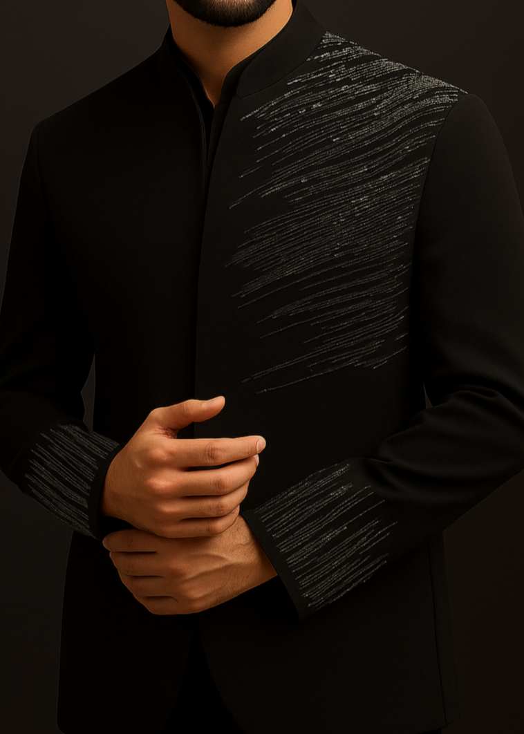 Black Embellished Bandhgala Suit with Cutdana Embroidery