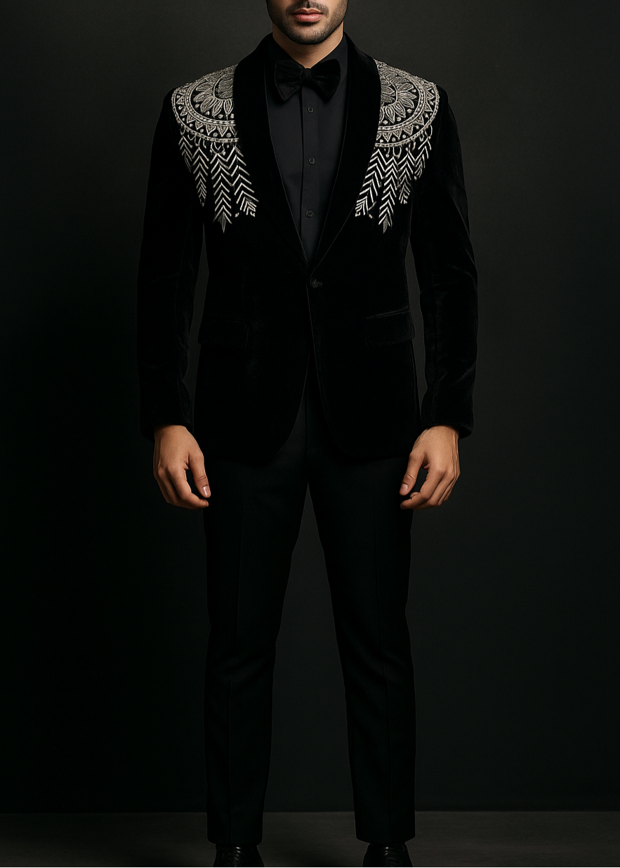 Man wearing a black suit with a patterned collar against a dark background