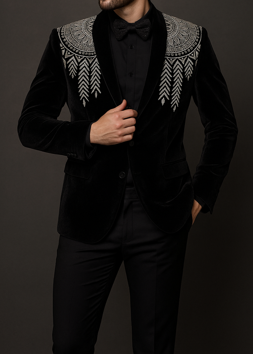 Black Hand Embroidered Cutdana Tuxedo for Wedding