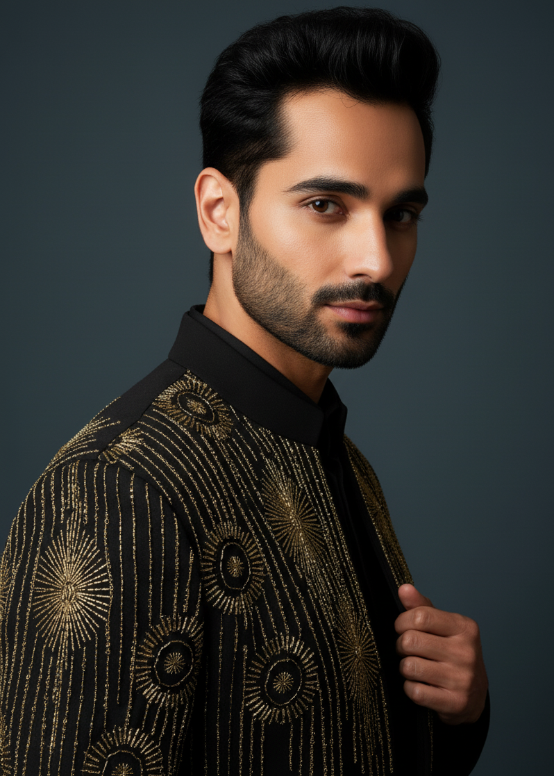 Black Hand Embroidered Indo Western Achkan Suit
