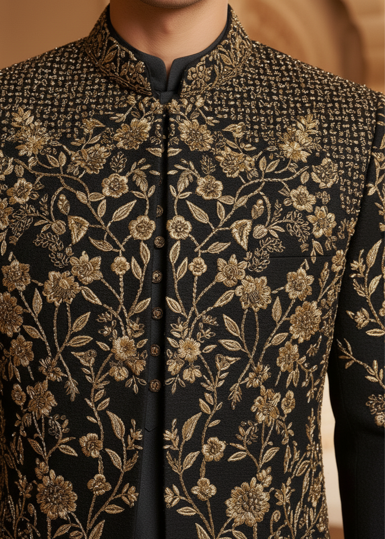 Black Indo Western Achkan Set With Gold Zardozi Embroidery