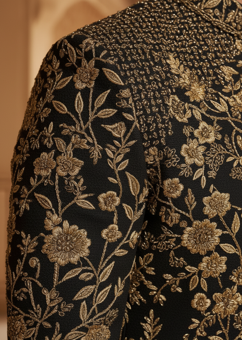 Black Indo Western Achkan Set With Gold Zardozi Embroidery