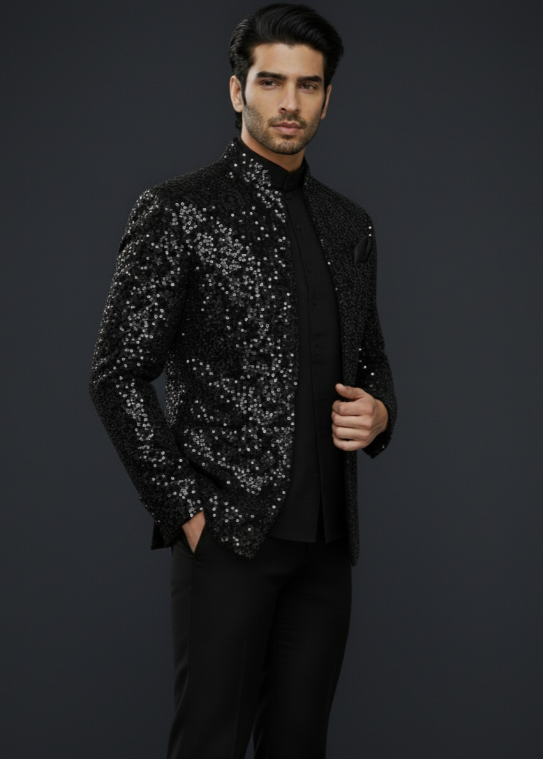 Black Slim Fit Sequin Indo Western Suit