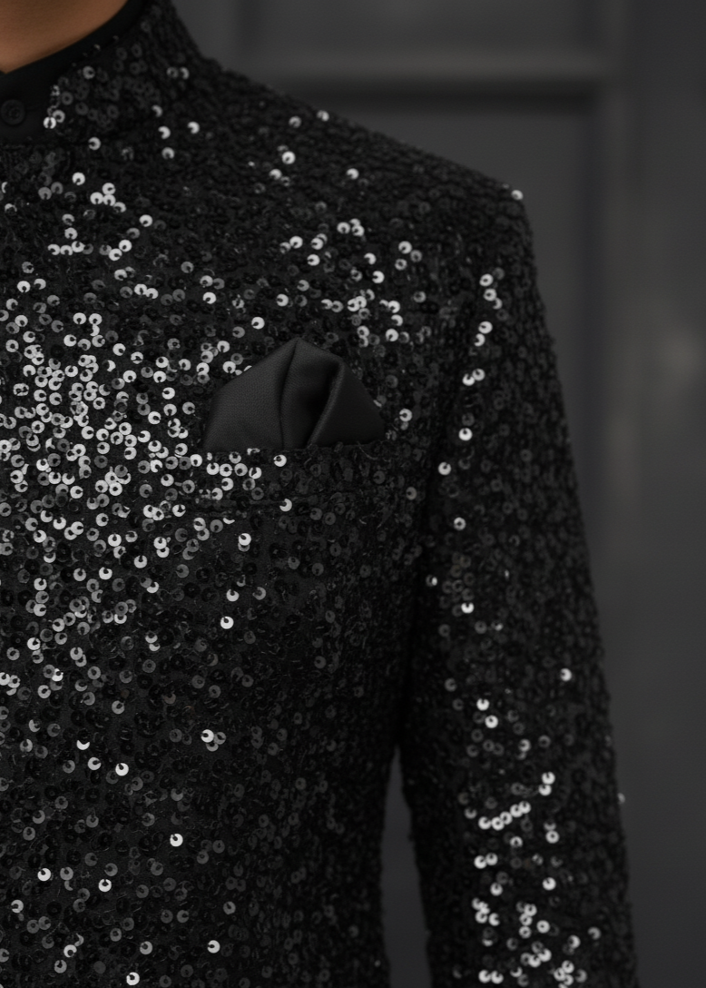 Black Slim Fit Sequin Indo Western Suit