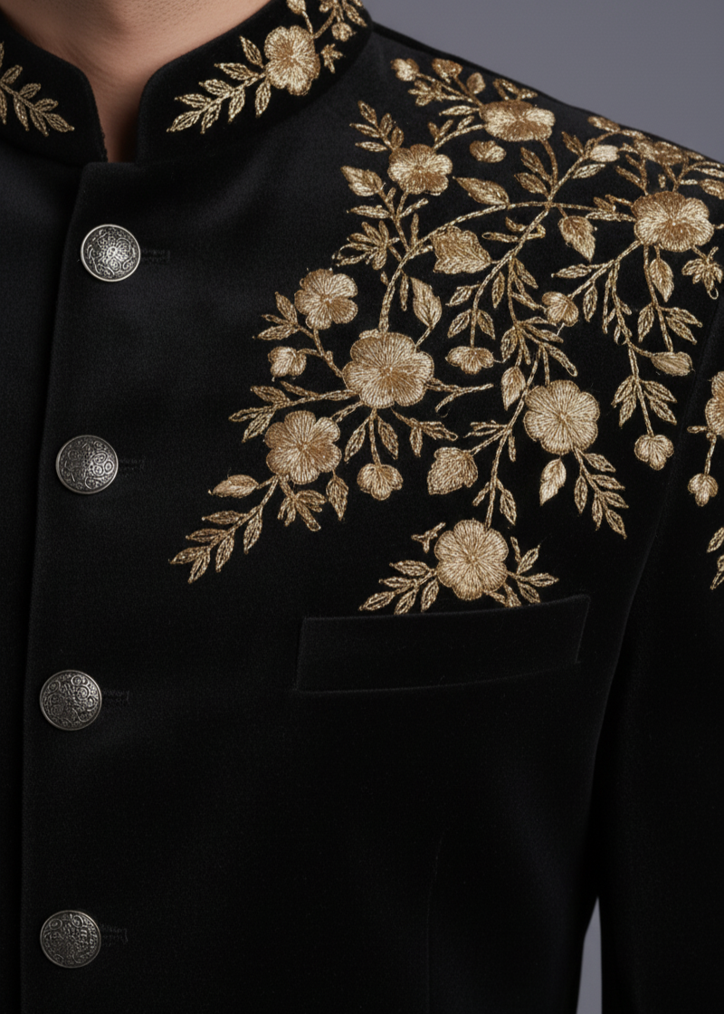 Black Velvet Floral Embroidered Bandhgala in Zari Gold