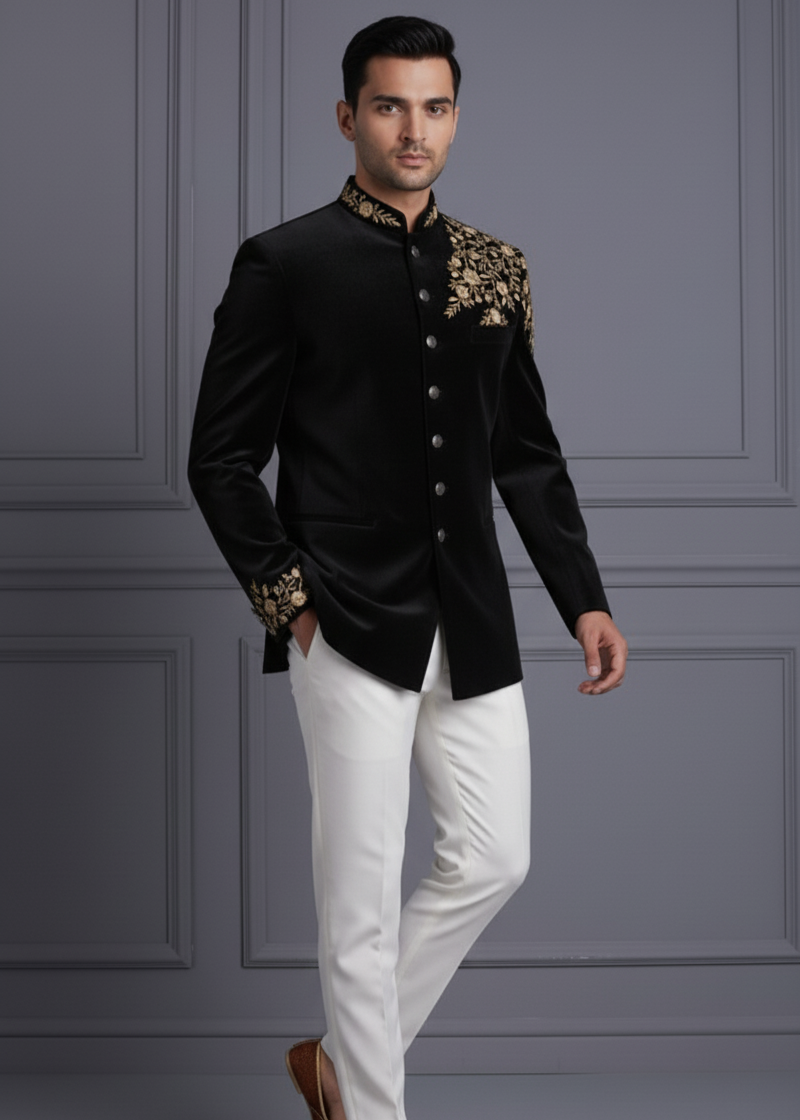 Black Velvet Floral Embroidered Bandhgala in Zari Gold