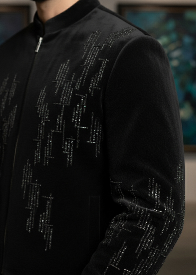 Black Velvet Geometrical Embroidered Bandhgala Suit