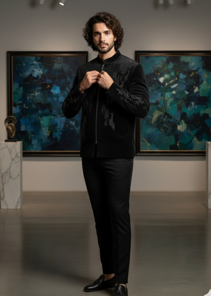 Black Velvet Geometrical Embroidered Bandhgala Suit