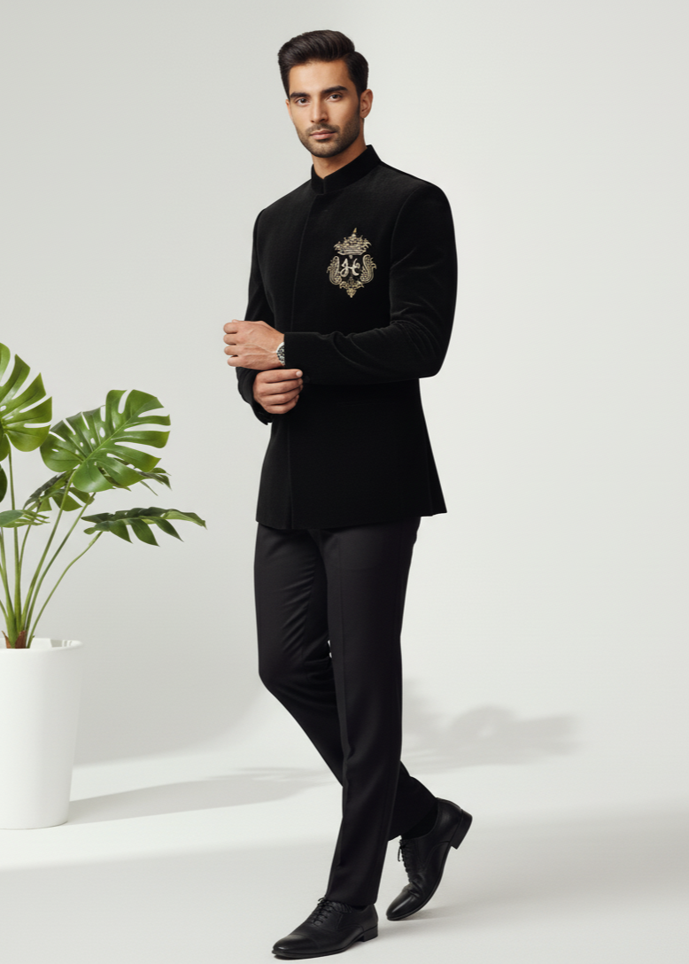 Black Velvet Letter Embroidered Bandhgala