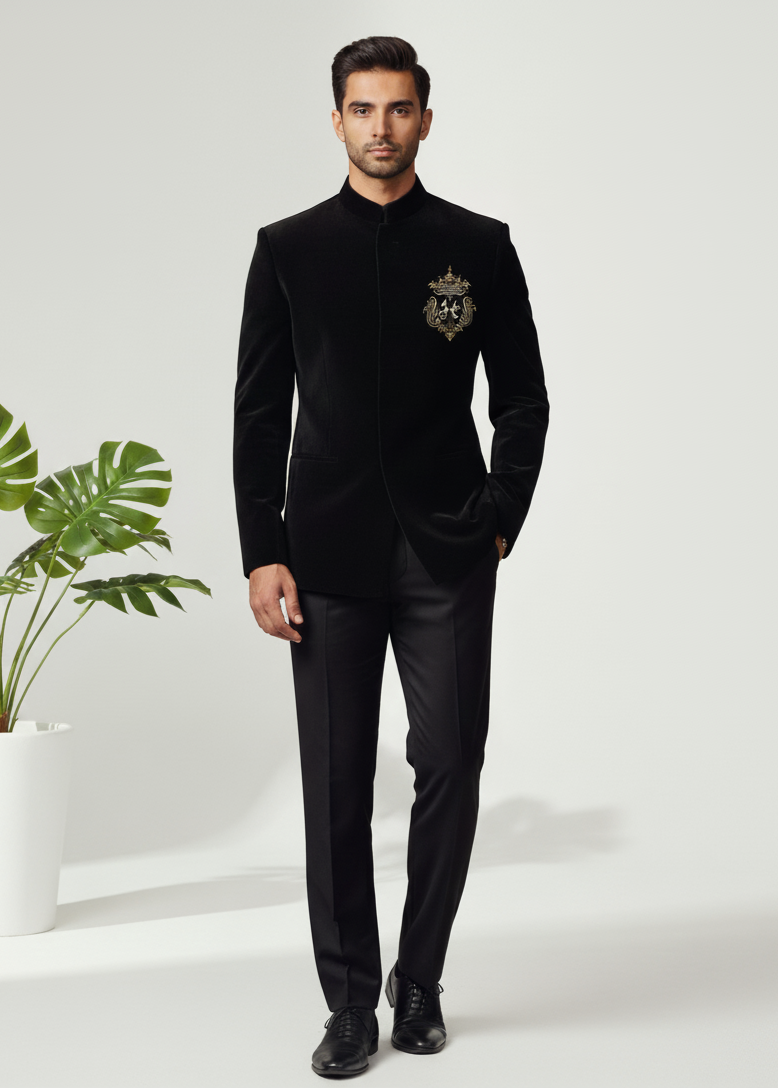 Black Velvet Letter Embroidered Bandhgala