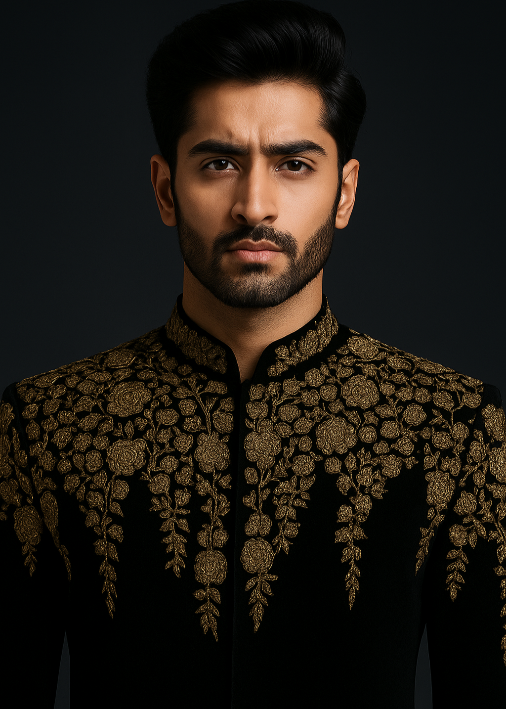 Black Zardozi Hand Embroidered Mid Length Sherwani